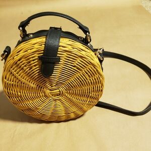 Mango Black and Tan Round Woven Crossbody Bag